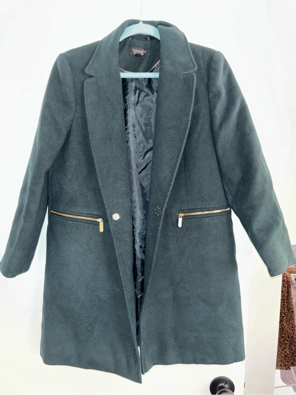 Topshop Forest Green Wool-Blend Pea Coat with Gold Zippers